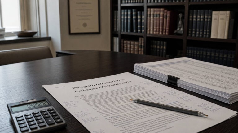 Emettere minibond: prospetto informativo di emissione obbligazionaria su scrivania con note a margine, calcolatrice e bilanci