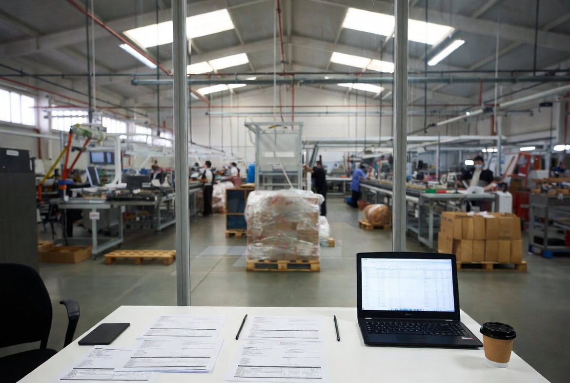 Factoring per le PMI: scrivania con documenti e laptop in primo piano, operai al lavoro nella linea produttiva oltre il vetro