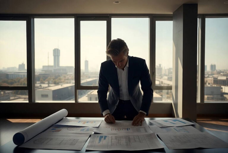 Mutuo aziendale per PMI: imprenditore esamina grafici finanziari e planimetrie su tavolo in ufficio con skyline urbano