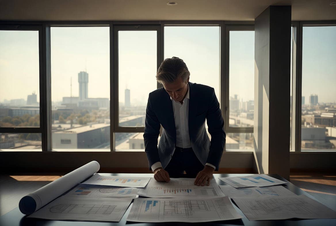 Mutuo aziendale per PMI: imprenditore esamina grafici finanziari e planimetrie su tavolo in ufficio con skyline urbano