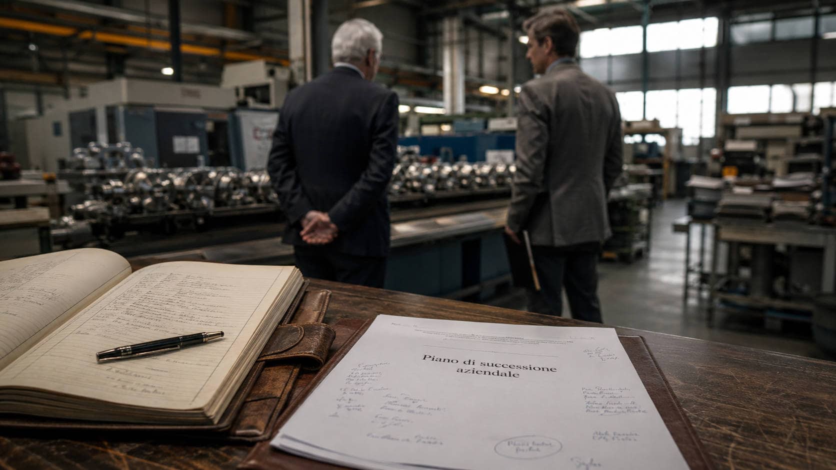 Passaggio generazionale PMI in azienda manifatturiera italiana con imprenditore senior e successore durante valutazione del piano di successione
