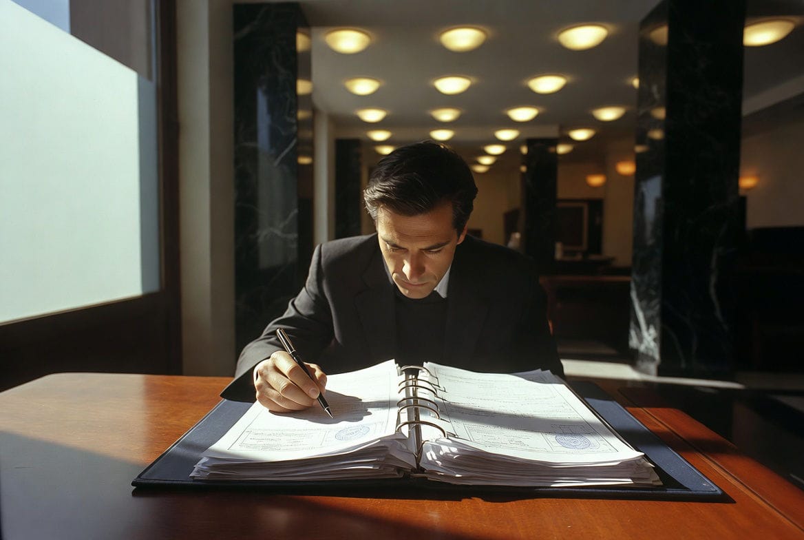 Credito agevolato PMI 2026. Come ottenere il credito agevolato per le PMI: analista bancario esamina un dossier documentale su scrivania in legno