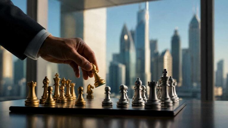 Consulenza finanziaria per le PMI, mano che muove un pezzo degli scacchi in un ufficio con skyline urbano sullo sfondo