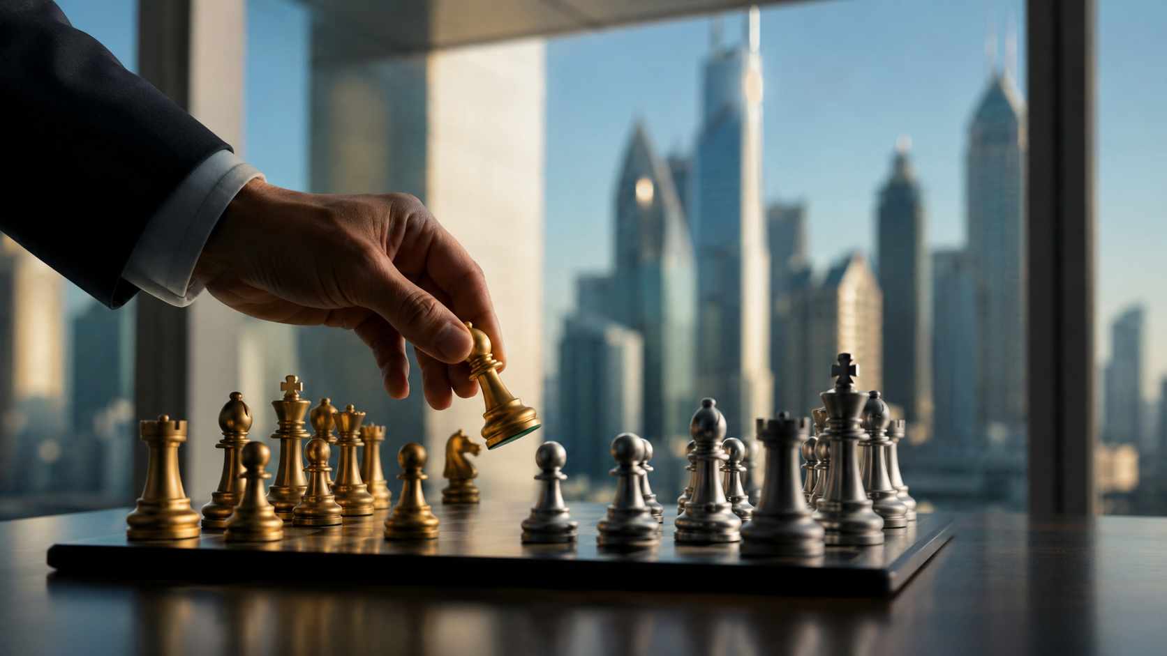 Consulenza finanziaria per le PMI, mano che muove un pezzo degli scacchi in un ufficio con skyline urbano sullo sfondo