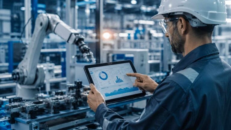 Consulenza Transizione 4.0, tecnico analizza dati di produzione su tablet in stabilimento industriale automatizzato