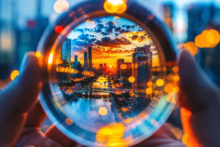 Crowdlending per le imprese, citt&agrave; futuristica osservata attraverso una lente con luci e colori intensi