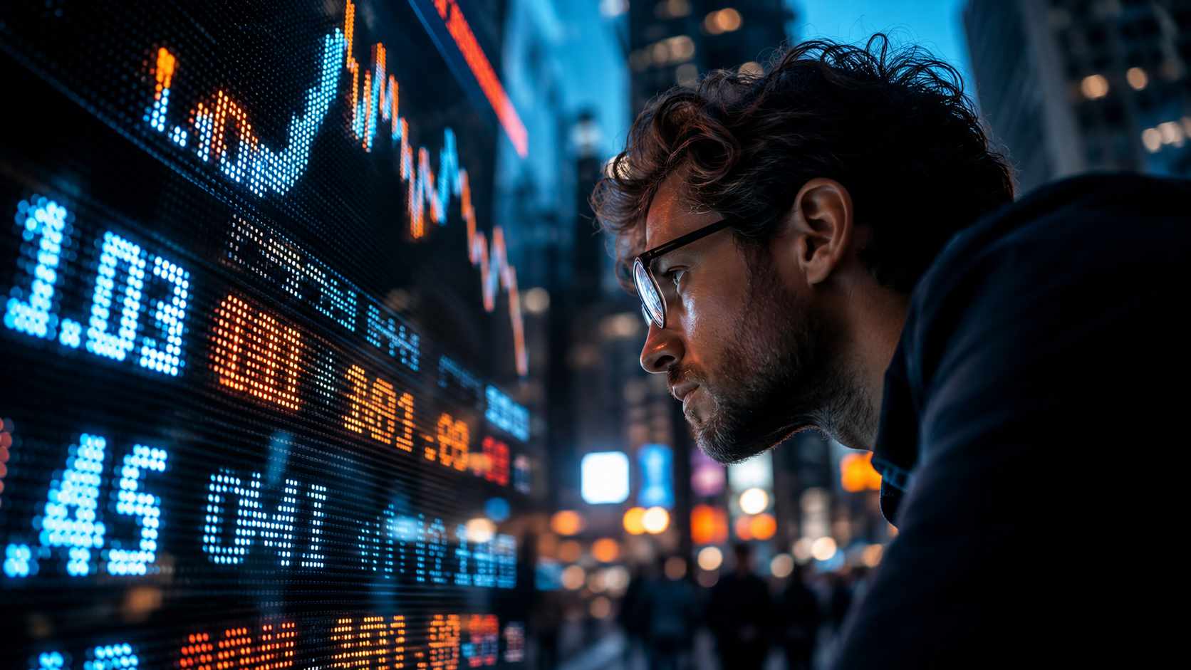 Crowdlending per le PMI, imprenditore osserva dati finanziari digitali in una piazza urbana illuminata di notte