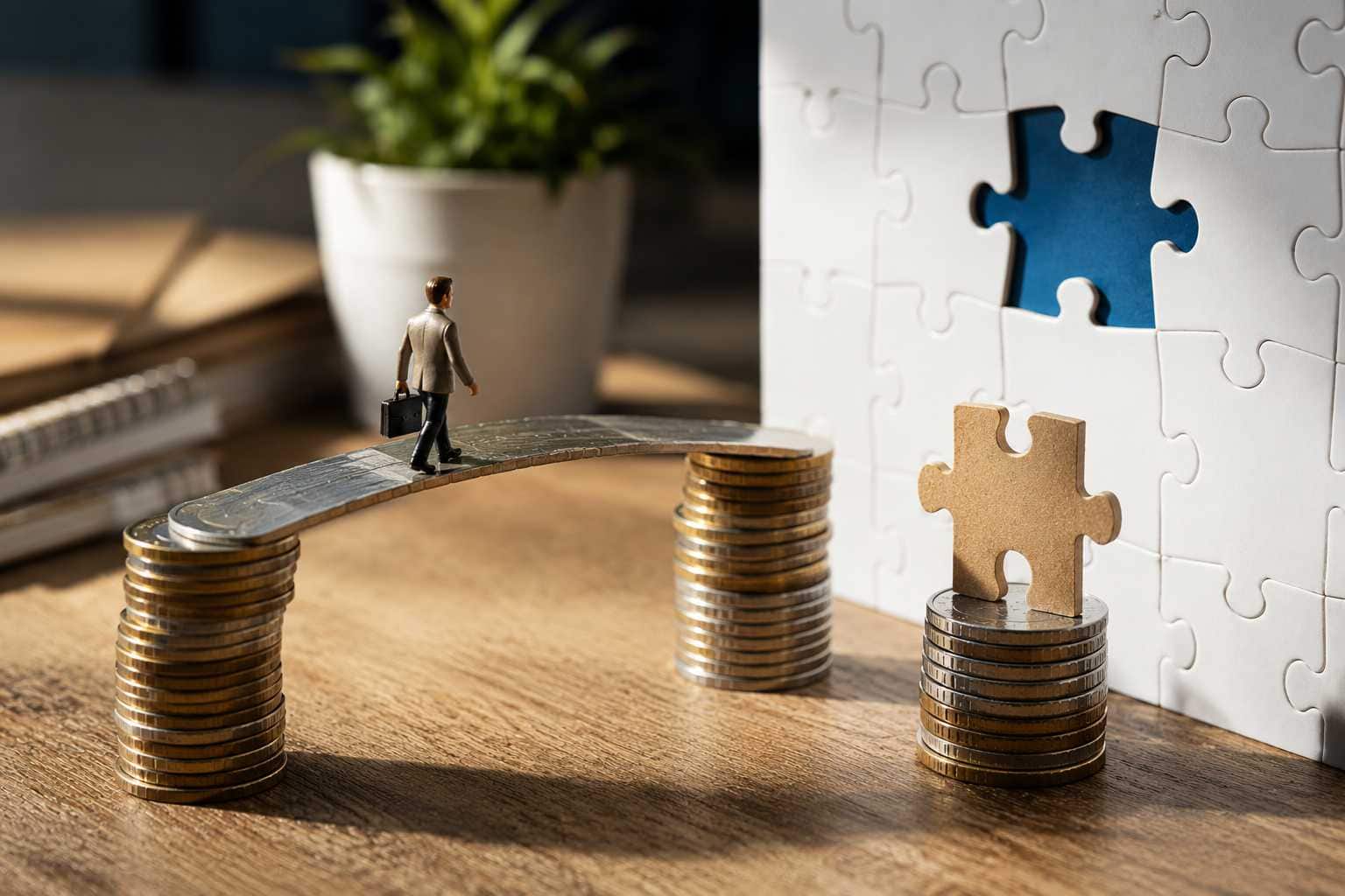 dichiarazione redditi crowdlending con figura che attraversa un ponte di monete verso un tassello mancante