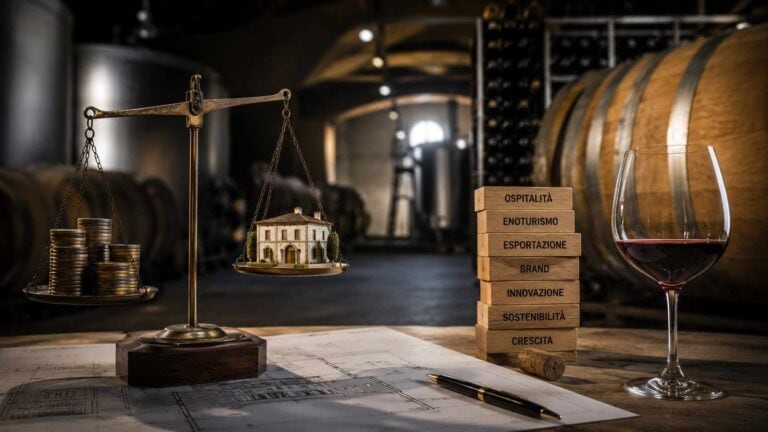 Equity crowdfunding per cantine, bilancia con capitale e modello di cantina in una barricaia