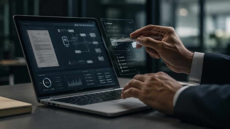 Intelligenza artificiale aziendale, mani al computer su interfaccia di analisi documentale