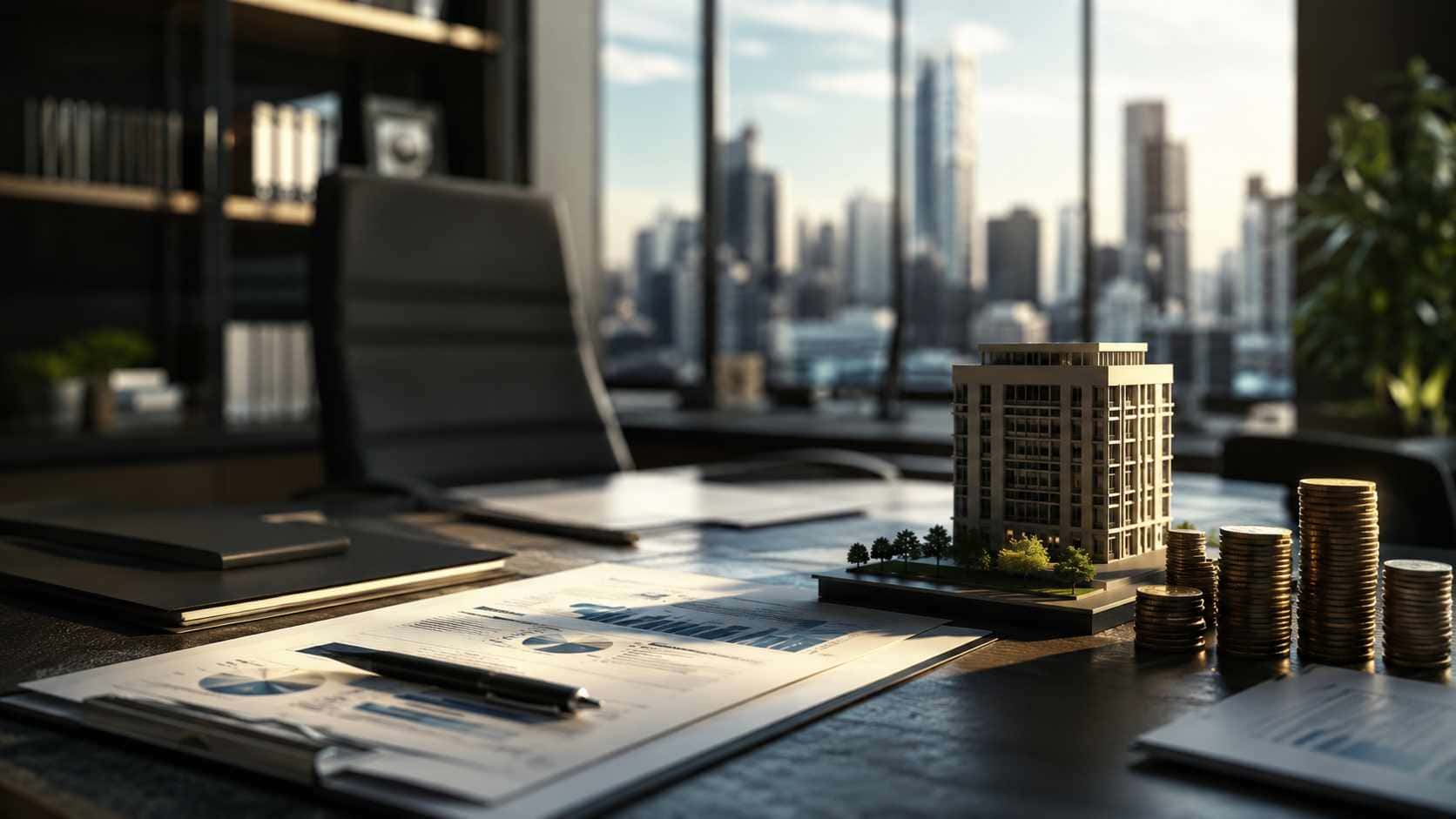 Mutuo aziendale con documenti, plastico immobiliare e monete su scrivania di consulenza finanziaria