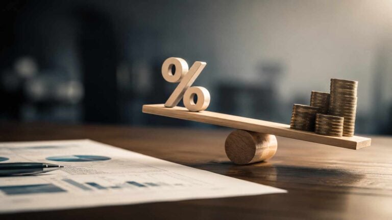 Tassi BCE e imprese, leva finanziaria con percentuale e monete che rappresentano il costo del credito