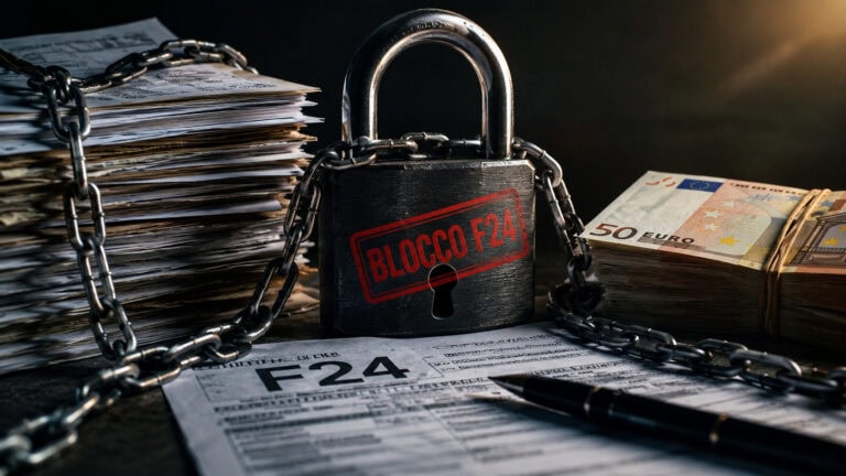 Blocco compensazione F24 50.000 euro con lucchetto, catene, moduli fiscali e banconote