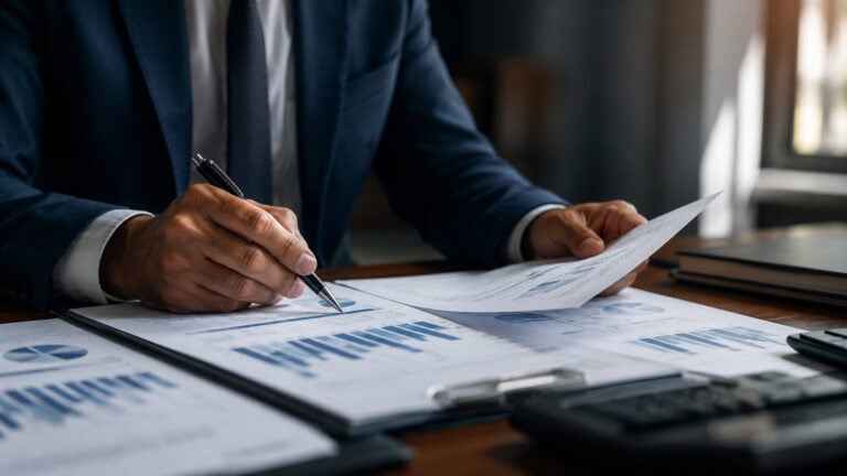Bancabilità aziendale con imprenditore che analizza documenti finanziari e indicatori di merito creditizio su una scrivania