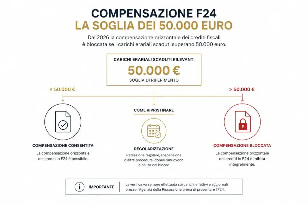 Compensazione F24 2026: soglia a 50.000 euro e rischio blocco dei crediti fiscali 2 blocco compensazione f24 50000 euro infografica soglia