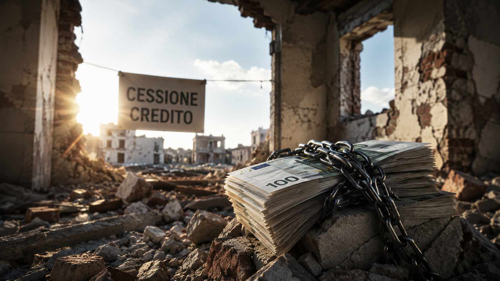 Cessione crediti edilizi 2026, mazzetta di euro incatenata tra le macerie di un edificio danneggiato dal sisma
