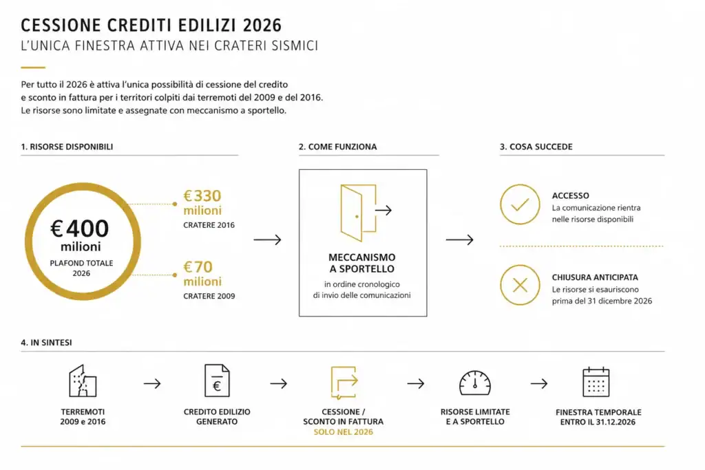 Cessione dei crediti fiscali edilizi a luglio 2026: cosa è ancora possibile e quali strategie restano per imprese e tecnici 2 cessione crediti edilizi 2026 infografica plafond crateri sismici.jpg