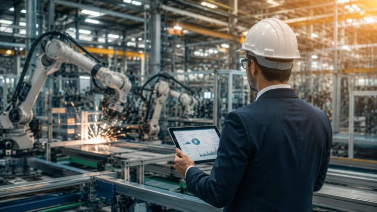 Come finanziare un investimento aziendale: imprenditore osserva una linea produttiva automatizzata in uno stabilimento industriale