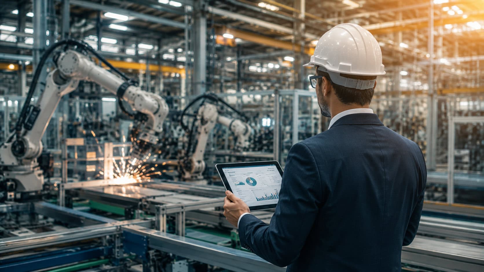 Come finanziare un investimento aziendale: imprenditore osserva una linea produttiva automatizzata in uno stabilimento industriale