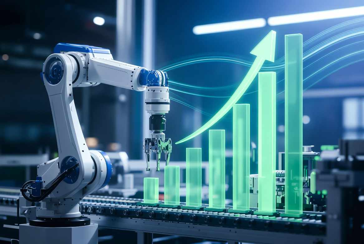 Come funziona l’iperammortamento 2026 con robot industriale e grafico di crescita in un impianto produttivo automatizzato