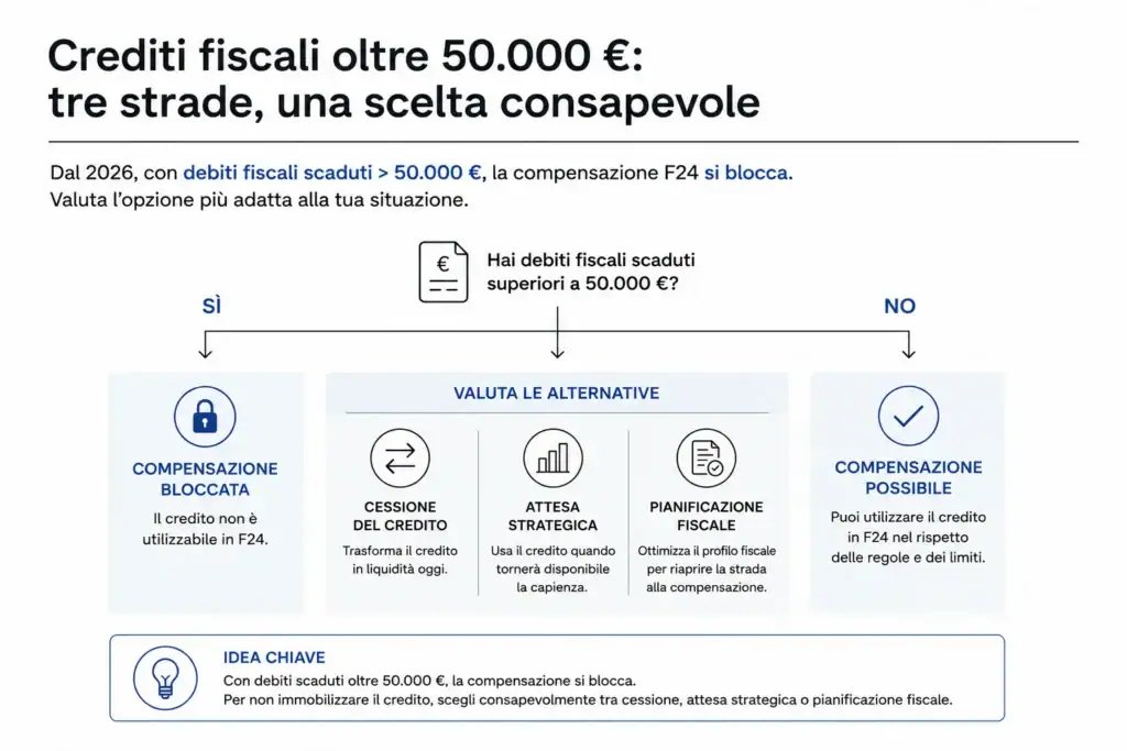 Compensare o cedere? Il credito fiscale del cliente è una decisione che nasce nello studio del professionista 2 compensazione f24 soglia 50000 euro 2026 infografica crediti fiscali