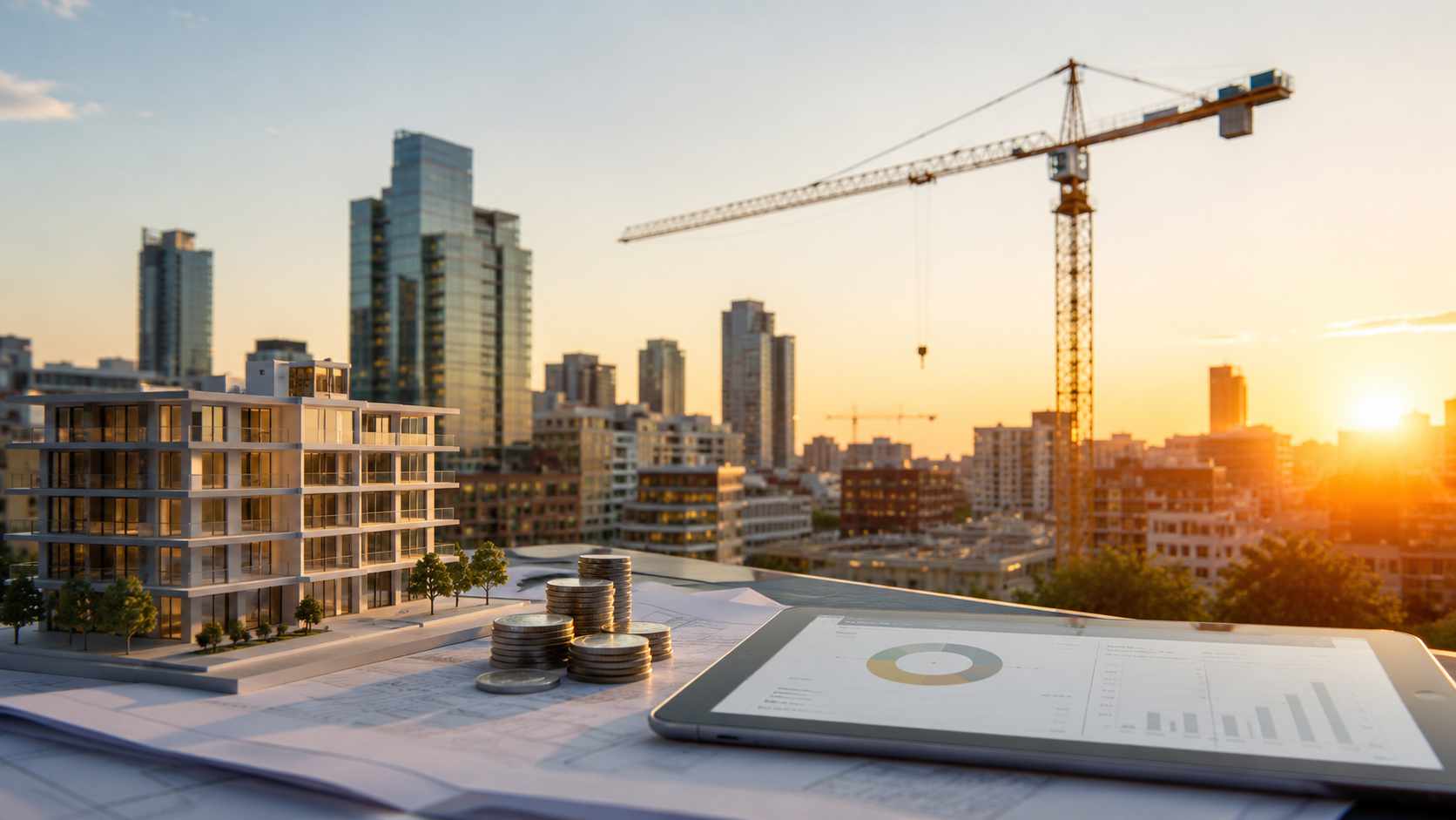 Crowdlending immobiliare, plastico di un edificio con monete, tablet e cantiere urbano al tramonto