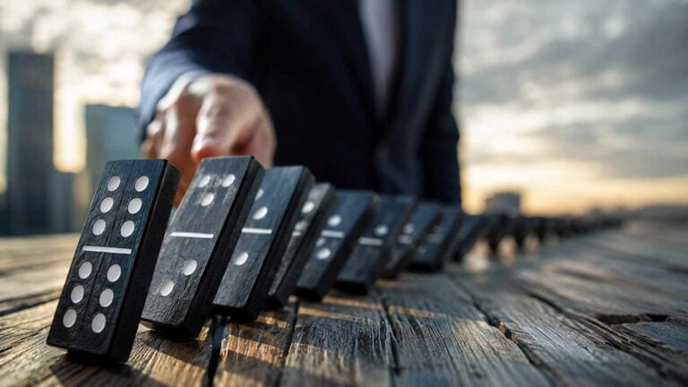 CSRD per le PMI: tessere del domino in caduta su un tavolo con una figura sfocata sullo sfondo