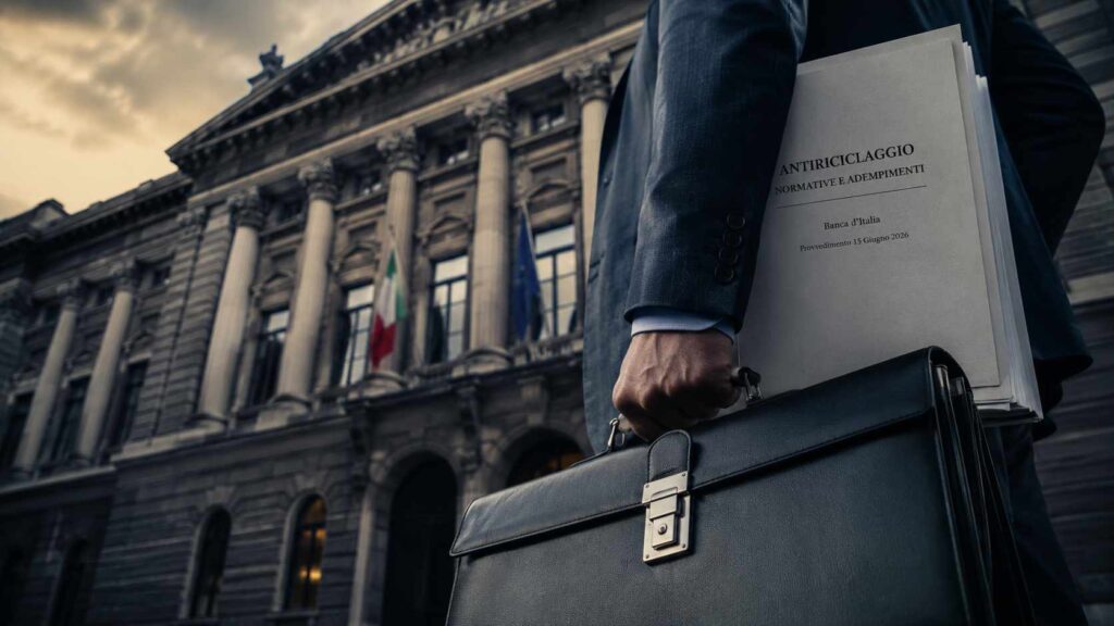Obblighi antiriciclaggio 2026: cosa cambia per gli intermediari creditizi 1 Esponente responsabile antiriciclaggio: dirigente con valigetta e fascicolo davanti a una sede istituzionale