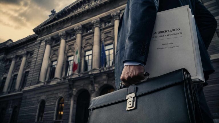 Esponente responsabile antiriciclaggio: dirigente con valigetta e fascicolo davanti a una sede istituzionale
