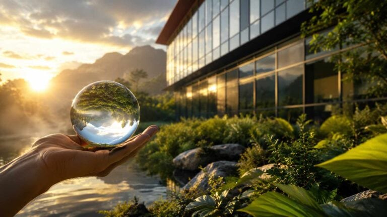 Green Tour 2026, sfera di cristallo con paesaggio naturale davanti a una struttura turistica moderna immersa nel verde