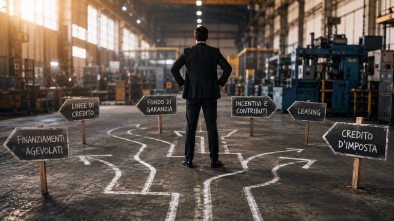Guida ai finanziamenti aziendali: imprenditore davanti a percorsi che rappresentano le principali opzioni di credito per PMI