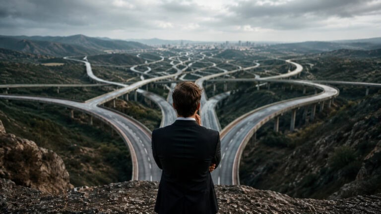 Quale finanziamento scegliere per un&rsquo;azienda: imprenditore osserva una rete di strade che si diramano verso destinazioni diverse