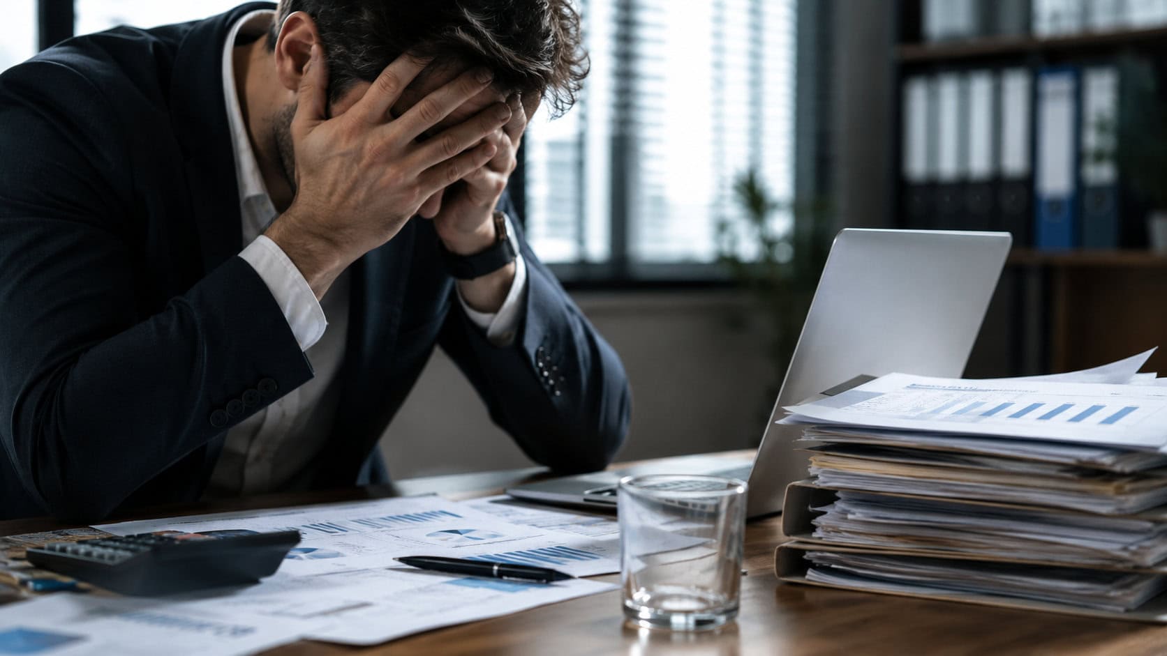 Utile ma senza liquidità: imprenditore preoccupato davanti a documenti finanziari e conti aziendali