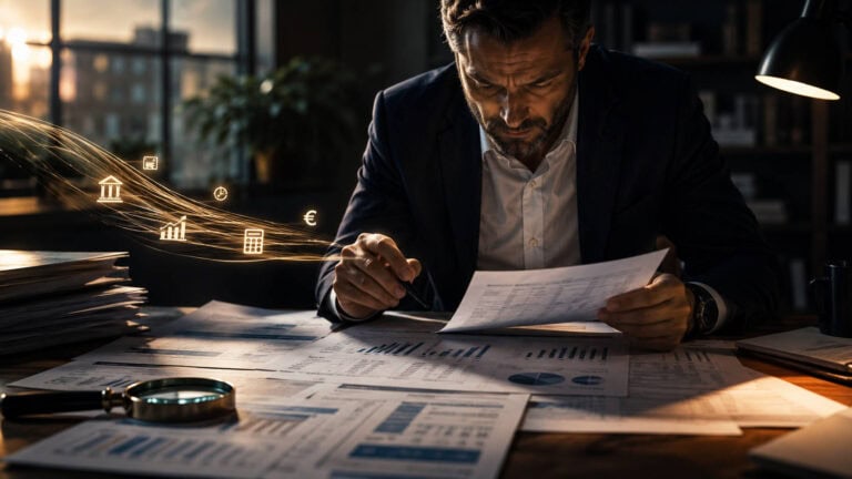 La tua impresa è finanziabile anche senza garanzie? 1 Merito creditizio delle imprese: analista esamina bilanci e dati finanziari su una scrivania