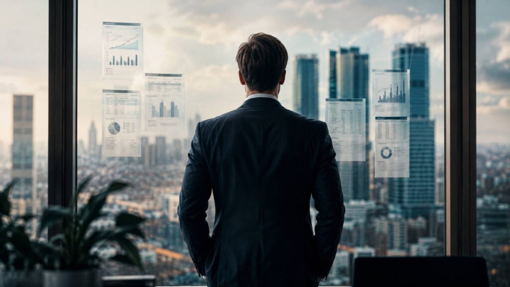 La tua impresa è finanziabile anche senza garanzie? 2 Merito creditizio delle imprese: imprenditore osserva dati e indicatori finanziari davanti alla città