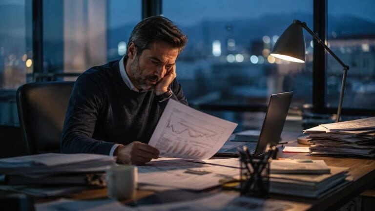 Hai bisogno di liquidità o stai finanziando male la tua azienda? 1 Problemi di liquidità aziendale: imprenditore analizza documenti finanziari e flussi di cassa nel proprio ufficio