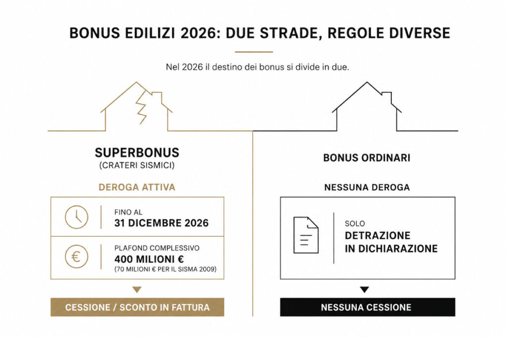 Cessione dei crediti fiscali, settembre 2026: cosa si può ancora cedere, a chi e a quali condizioni 2 Due percorsi dei bonus edilizi 2026: Superbonus nei crateri sismici con cessione e bonus ordinari con sola detrazione.