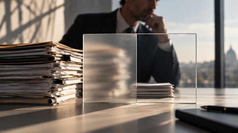 Centrale Rischi impresa: come si legge il prospetto che la banca consulta 1 Prospetto della Centrale Rischi osservato attraverso un vetro che separa dati sfocati e informazioni leggibili