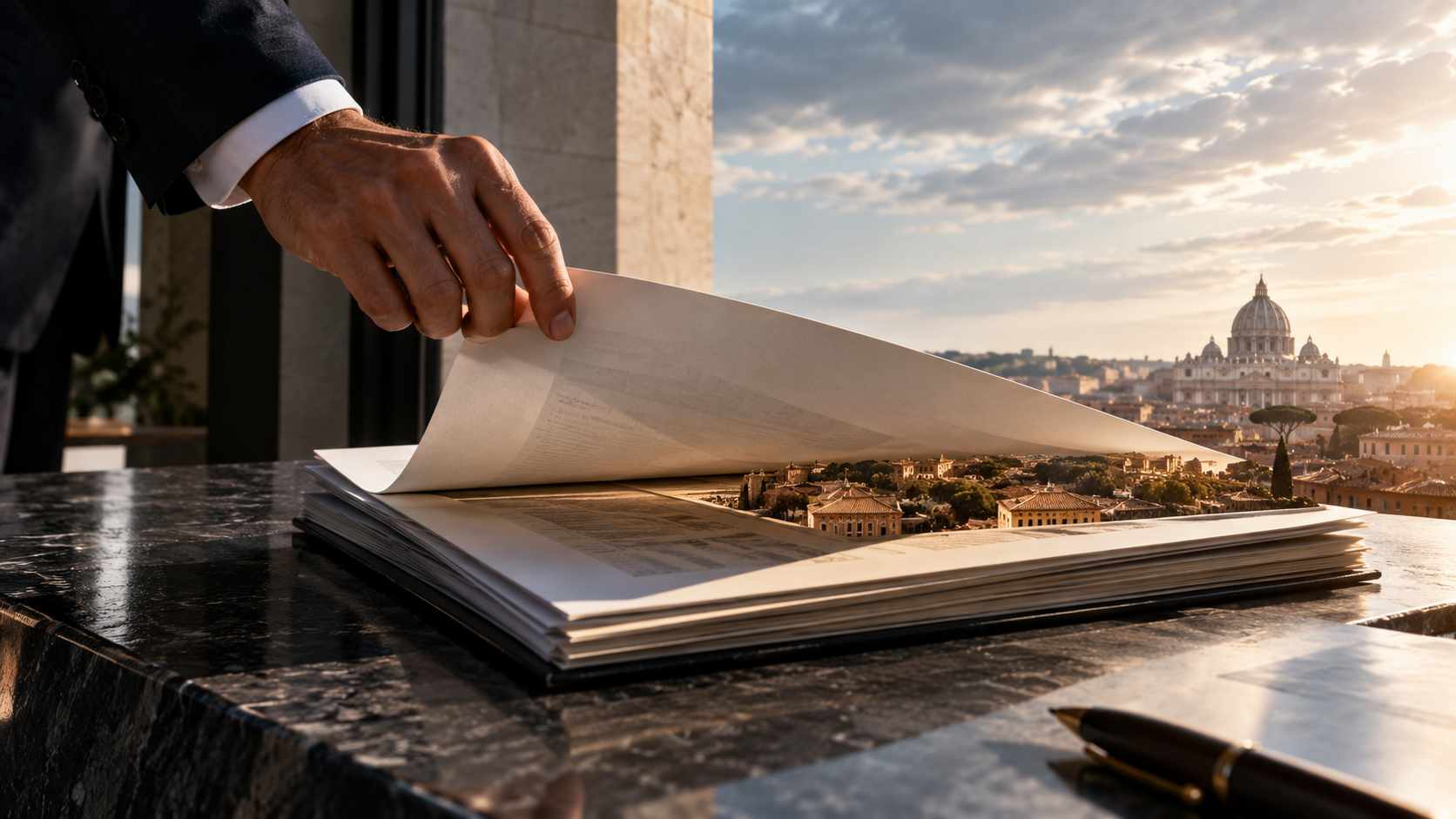 Cessione crediti fiscali 2026: perché alcuni crediti trovano ancora acquirenti e altri no 1 Mano che solleva un documento su un tavolo in marmo, con Roma sullo sfondo al tramonto.