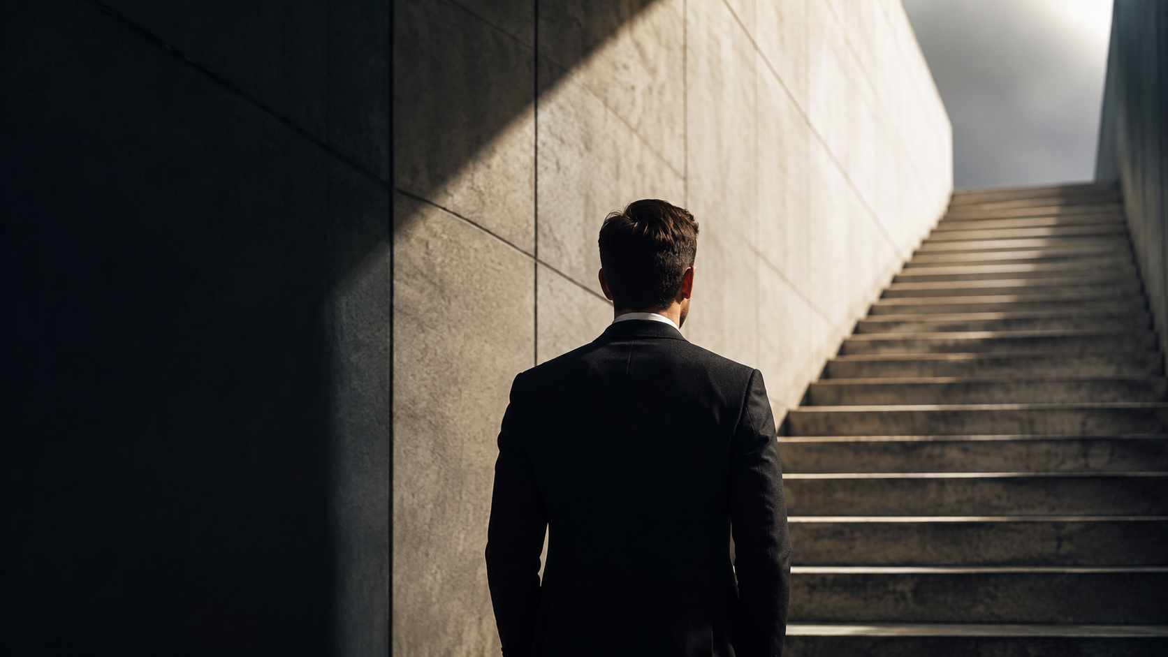 Cessione dei crediti fiscali, settembre 2026: cosa si può ancora cedere, a chi e a quali condizioni 1 Uomo in abito scuro davanti a una lunga scala illuminata, simbolo visivo di un percorso selettivo e vincolato.