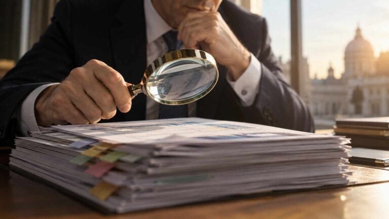 Riclassificazione del bilancio: come la banca rilegge i numeri dell’impresa 1 Come la banca legge il bilancio. Analista esamina documenti finanziari con una lente d’ingrandimento durante la lettura del bilancio aziendale