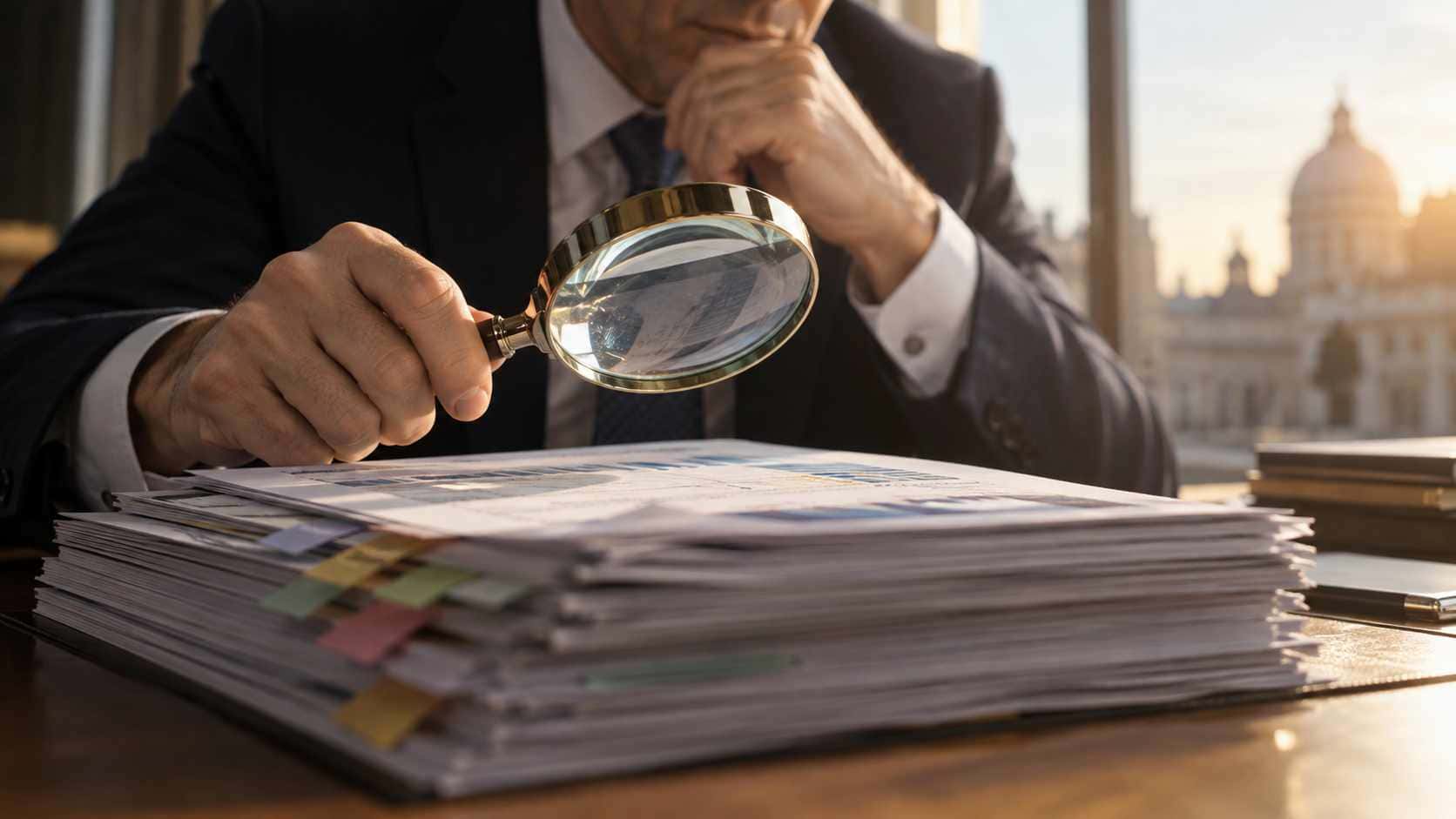 Riclassificazione del bilancio: come la banca rilegge i numeri dell’impresa 1 Come la banca legge il bilancio. Analista esamina documenti finanziari con una lente d’ingrandimento durante la lettura del bilancio aziendale