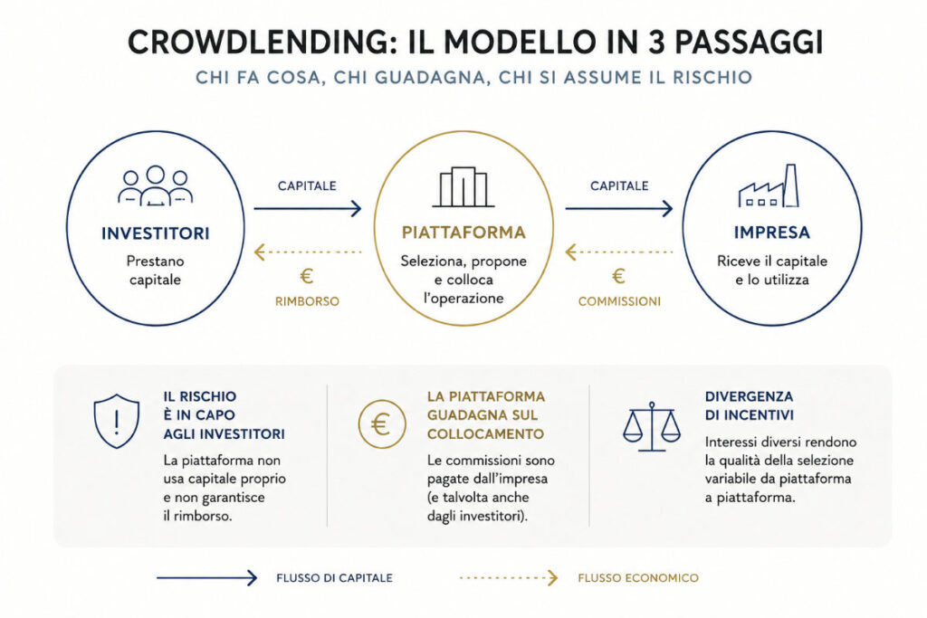 Infografica sul crowdlending con investitori, piattaforma e impresa collegati da flussi di capitale, rimborsi e commissioni.