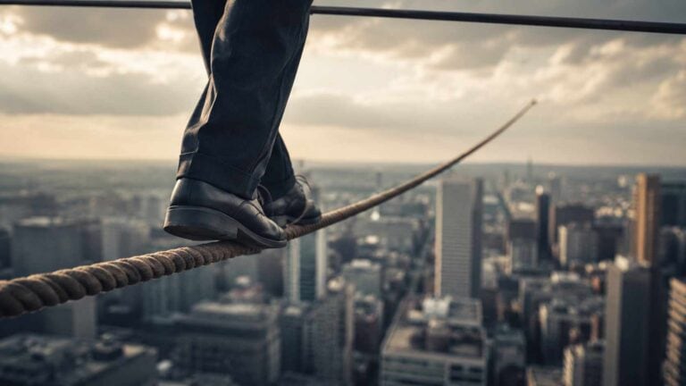 Crowdlending per le PMI: cosa resta dopo la promessa della finanza alternativa 1 Uomo in abito in equilibrio su una fune sospesa sopra una città, simbolo di rischio e pressione finanziaria.