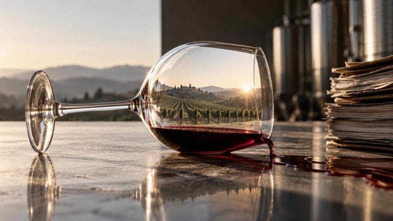 Finanza del vino: perché una cantina non si legge come una PMI qualsiasi 1 Calice di vino rovesciato con vigneto riflesso nel vetro e documenti contabili accanto, metafora della finanza del vino.