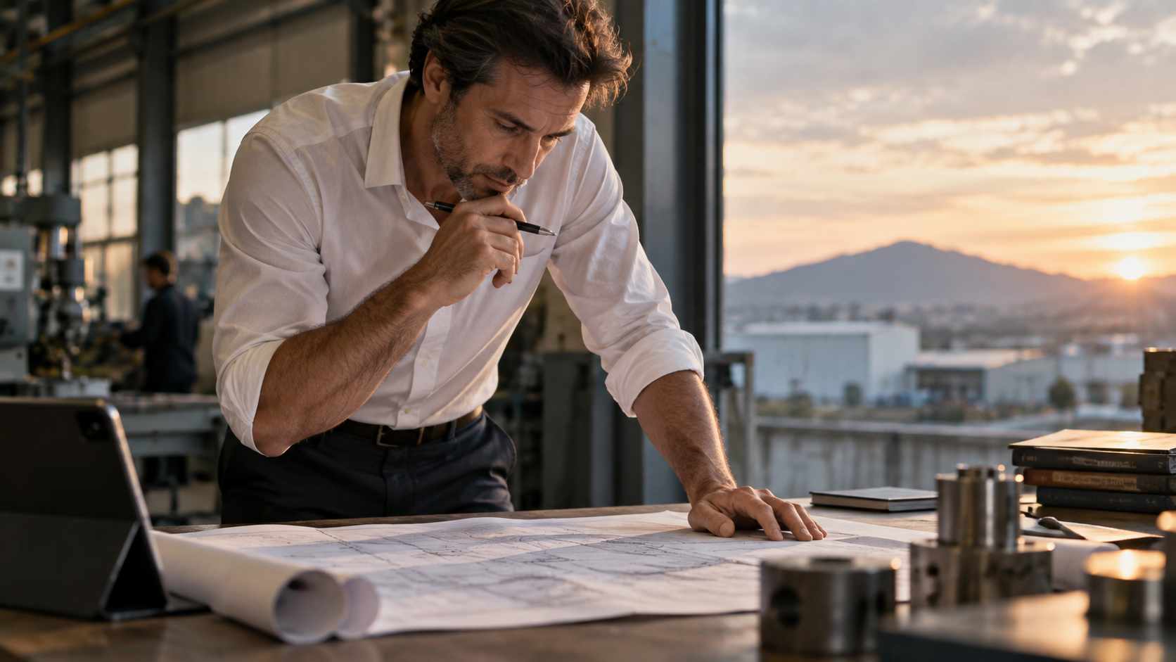 Rating bancario dell'impresa: quali indicatori lo spostano davvero 1 Finanza d'impresa: imprenditore analizza un progetto tecnico su un tavolo all’interno di uno stabilimento industriale