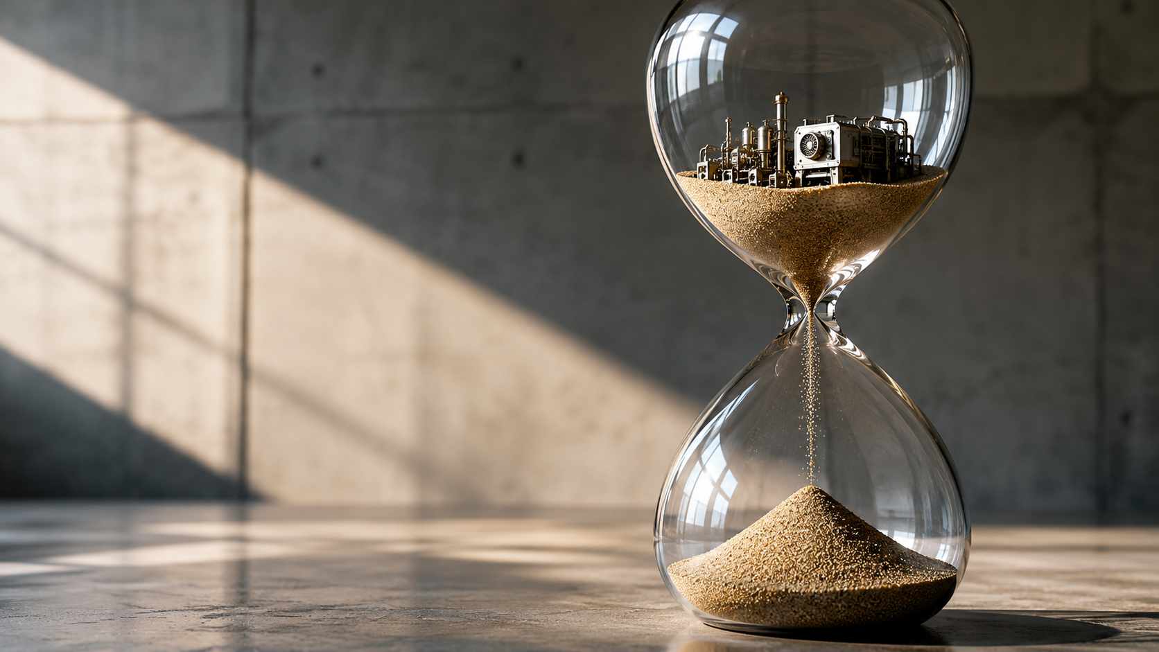 Leasing strumentale nel 2026: perché torna centrale nelle strategie di investimento delle PMI 1 Leasing o finanziamento per macchinari: clessidra con sabbia e impianto industriale in miniatura, metafora del tempo negli investimenti e nel leasing strumentale.