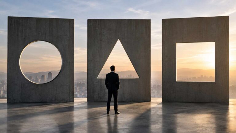 Rating, scoring e merito creditizio: perché la stessa azienda può ricevere valutazioni diverse 1 Differenza tra rating e merito creditizio: uomo davanti a tre aperture geometriche che rappresentano differenti prospettive di valutazione