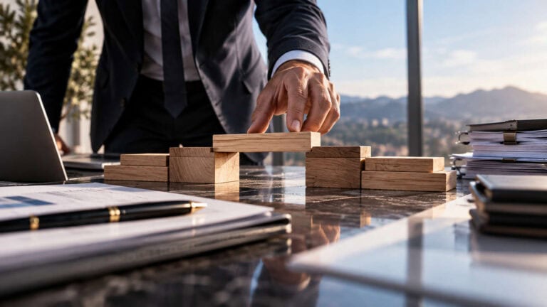 Mano di un professionista posa un blocco di legno tra due sostegni su una scrivania con documenti finanziari.