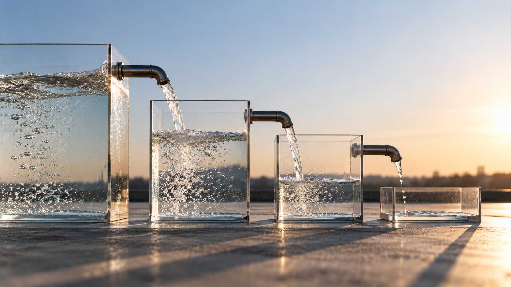 Capitale circolante: perché un’impresa può crescere e rimanere senza liquidità 1 Serbatoi trasparenti collegati da tubi mostrano un flusso d’acqua progressivamente ridotto fino all’ultimo recipiente.